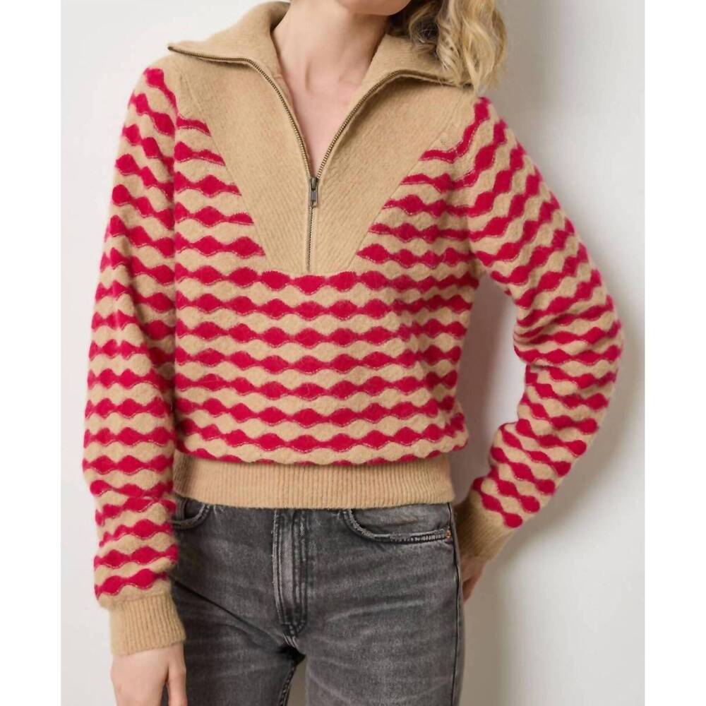 NEW LILLA P mixed stitch half zip sweater in birch/fuchsia stripe